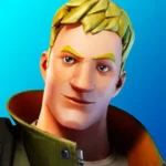 a cartoon character with a blue background in Fortnite game